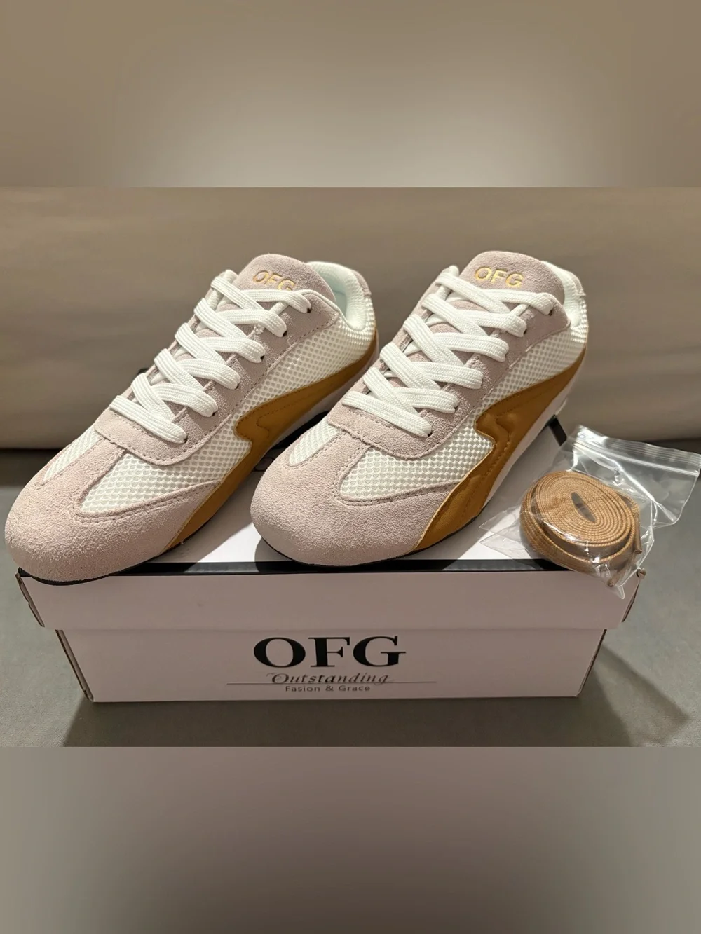 OFG Women’s Casual Mesh and Suede Sneaker in White and Tan - US Size 6